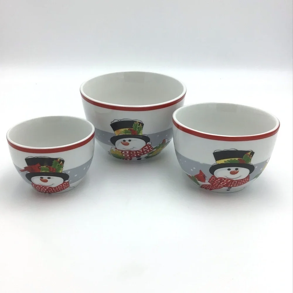 Fitz and Floyd Holly Berry Snowman Bowl Set